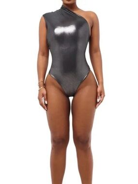Cou Coo Metallic Silver Bodysuit Asymmetrical One shoulder Top XS